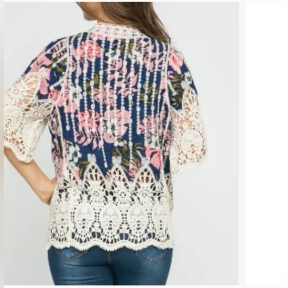Raj Cream, Pink & Navy Crochet Kimono Cardigan with Floral Geometric Patterns - Picture 4 of 7